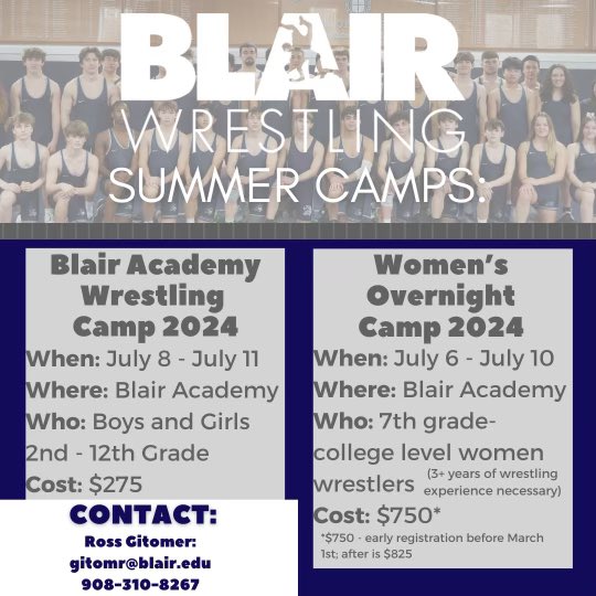 We are excited to be hosting another year of Blair Wrestling Summer Camps! This year’s boys day camp will run from July 8-11 and our girls overnight camp will run from July 6-10. We hope to see many of you there!