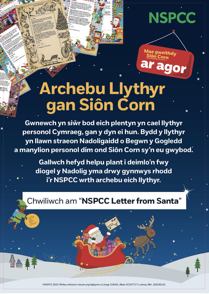 Cofiwch archebu eich Llythyr gan Sion Corn! Ar gael yn y Gymraeg neu’r Saesneg 🎅🏻🎁💚@NSPCC @NSPCC_Cymru @ComyGymraeg letterfromsanta.nspcc.org.uk