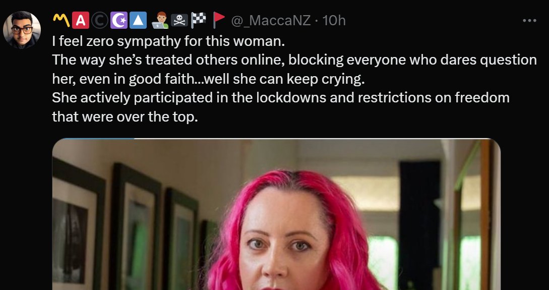 VeronicaGlamis's tweet photo. Another ingrate who doesnt care that he and his family were protected from a virus, the scope of which was unknown - thankfully Aotearoa NZ had a caring and cogent government.  Thank you Souxsie Thank you Jacinda https://t.co/rO28ldXBBF