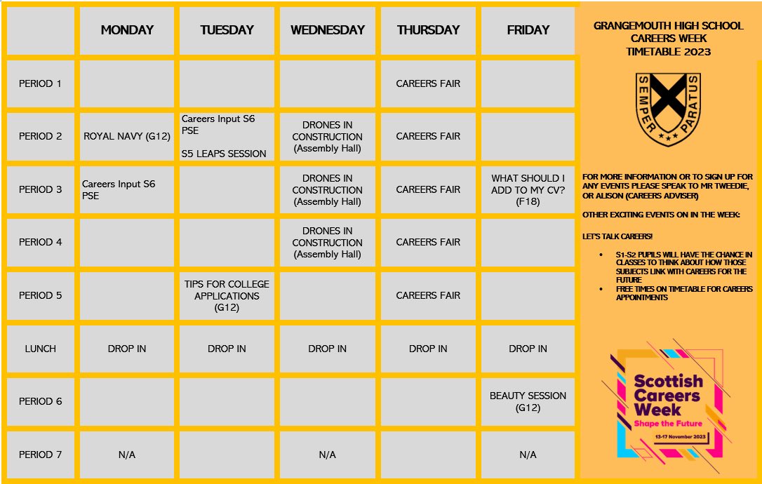 Below is our #ScottishCareersWeek timetable. Please see Mr Tweedie or Alison to sign up for the sessions ASAP! <a href="/GrangemouthHS/">Grangemouth HS</a> <a href="/DYW_ForthValley/">DYW Forth Valley</a>