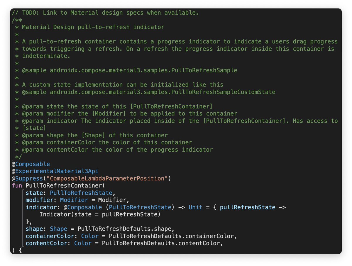 evowizz's tweet photo. Pull to Refresh is finally coming in the Material 3 library!

I've heard that some developers out there are not using the M3 library because this was missing. 

Are you using Compose M3 already? If not, will you use it once the it is released? https://t.co/Z29vB8Em3V