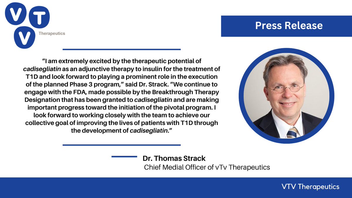 #ICYMI: Dr. Thomas Strack, accomplished pharmaceutical R&D executive, was recently appointed Chief Medical Officer of vTv! We are thrilled to welcome him to the team! Read the full release here: tinyurl.com/3ub66kwd