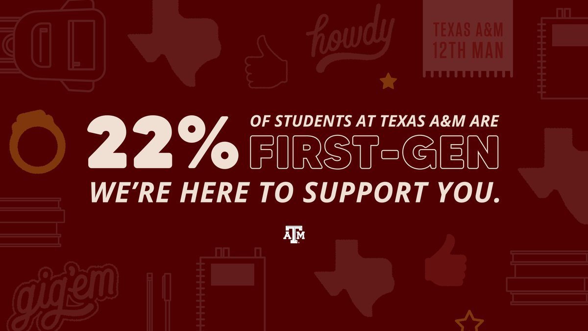 TAMU's tweet image. If you're a first-gen student, you are not alone! #CelebrateFirstGen

We're glad you're an Aggie, and we are here to support you: tx.ag/FirstGenSupport