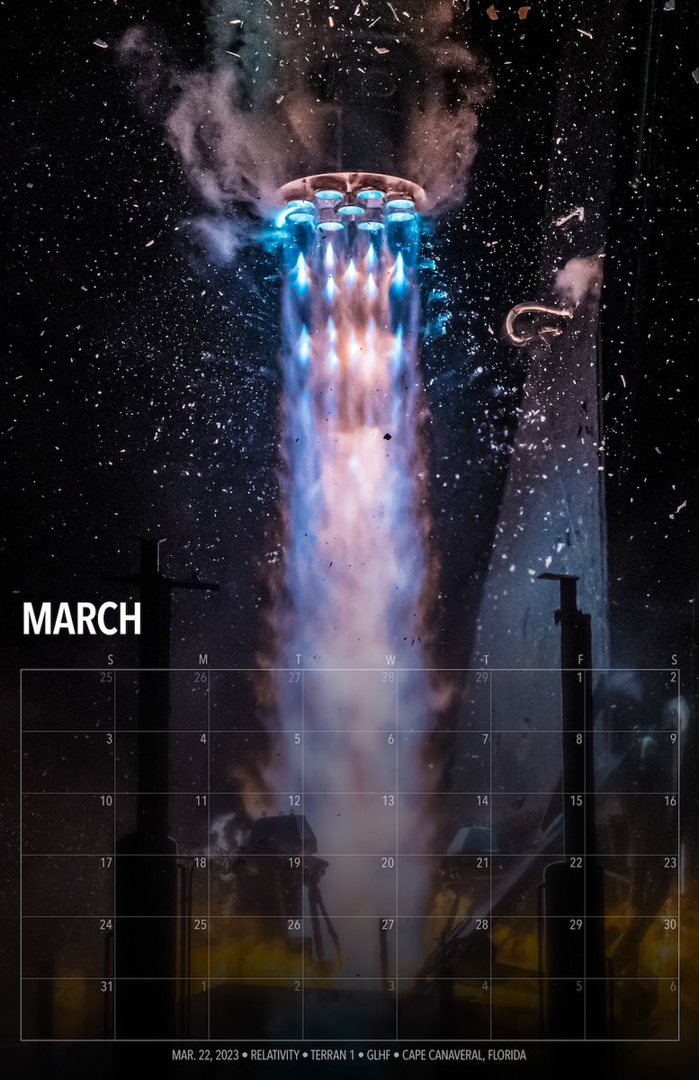 Your next look inside my 2024 spaceflight calendar! Colorful flames from nine Aeon 1 engines of Relativity's Terran 1 rocket mark the one year anniversary of the company’s first launch. Get your order in today and save 10% → johnkrausphotos.com/Calendar/