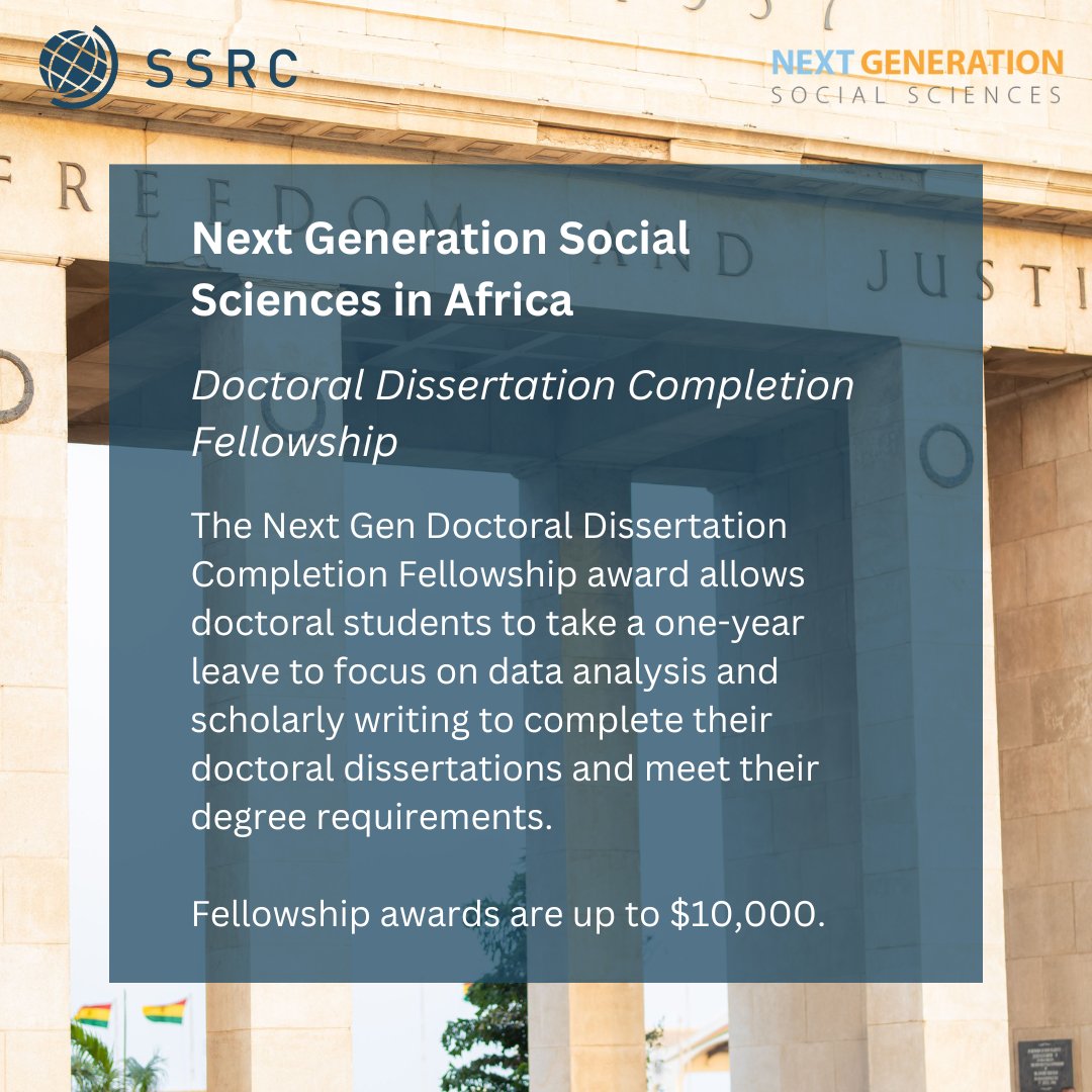 NextGenAfrica's tweet photo. The Next Gen Doctoral Dissertation Completion Fellowship award allows doctoral students to take a one-year leave to focus on data analysis and scholarly writing to complete their doctoral dissertations and meet their degree requirements.

https://t.co/fDlMg2AbMf https://t.co/kArh1Srv8e