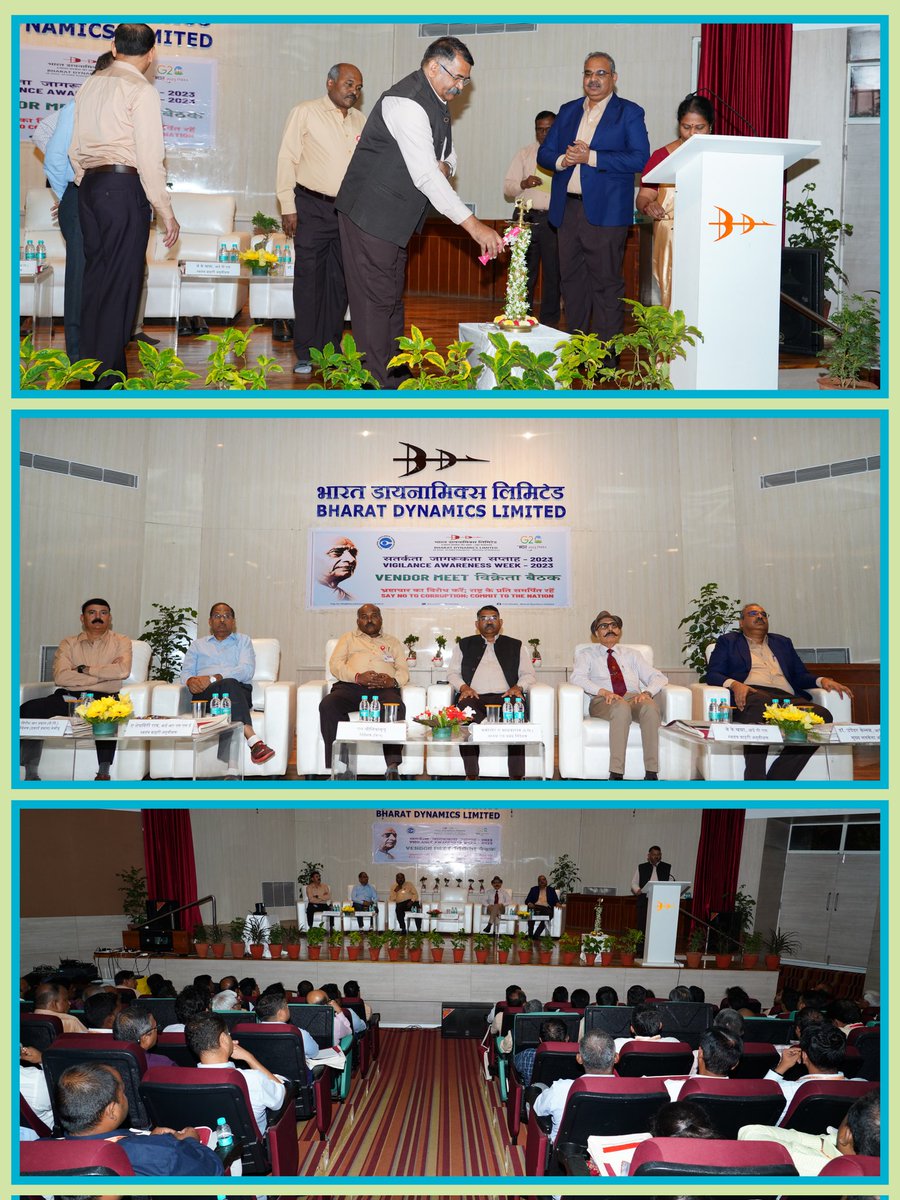 A Vendors Meet was held at BDL today,as a part of Vigilance Awareness Week-2023.'Integrity Pledge for Citizens'was administered by Dr.Upender Vennam,IPoS,CVO, BDL to participants.CMD, Directors,CVO,Independent External Monitors & Sr BDL officials interacted with vendors @CVCIndia