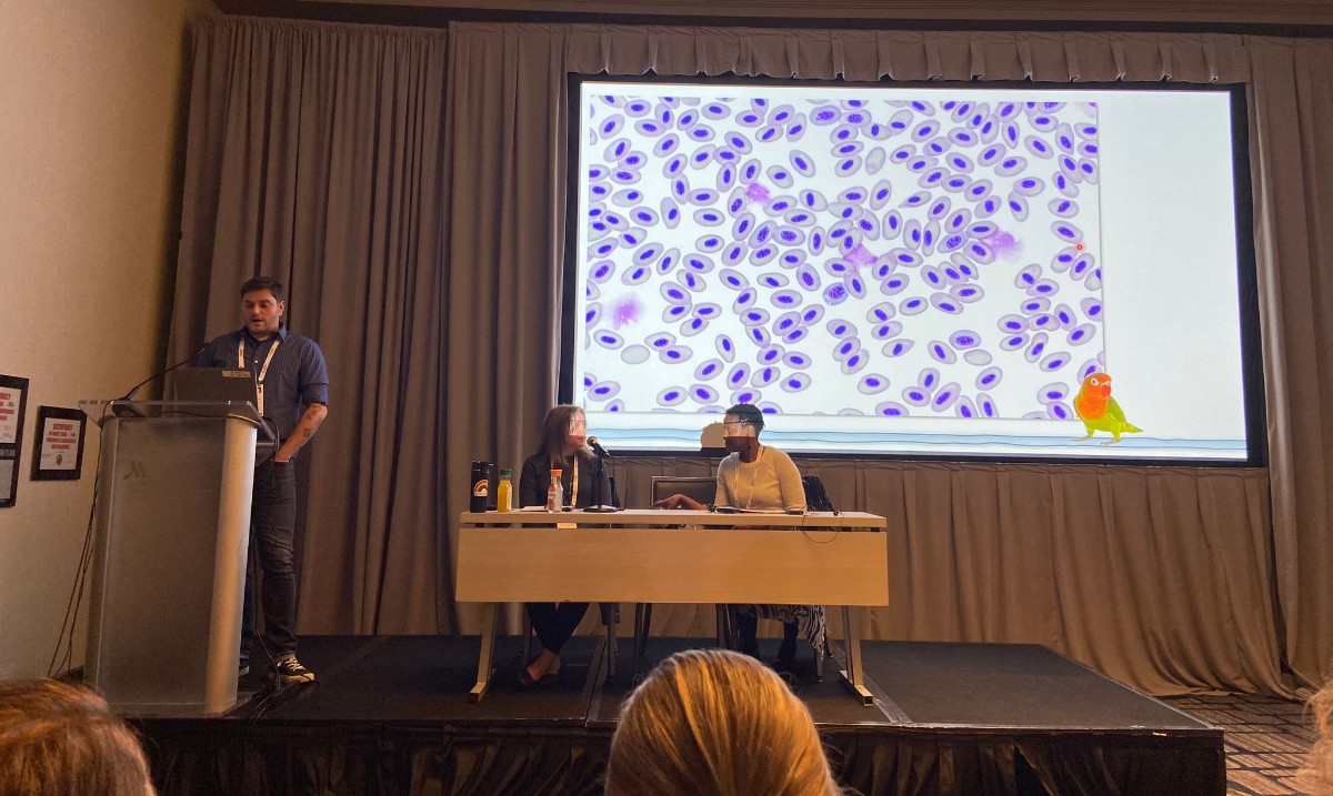 Many Cummings School faculty attended @ACVP's recent annual meeting in Chicago. Assistant Professor Francisco Conrado, D.V.M., DACVP, presented on Feathers, Scales, and Too Many Nuclei: Making Sense of Avaian and Reptile Hematology. [📸: Leslie Sharkey]