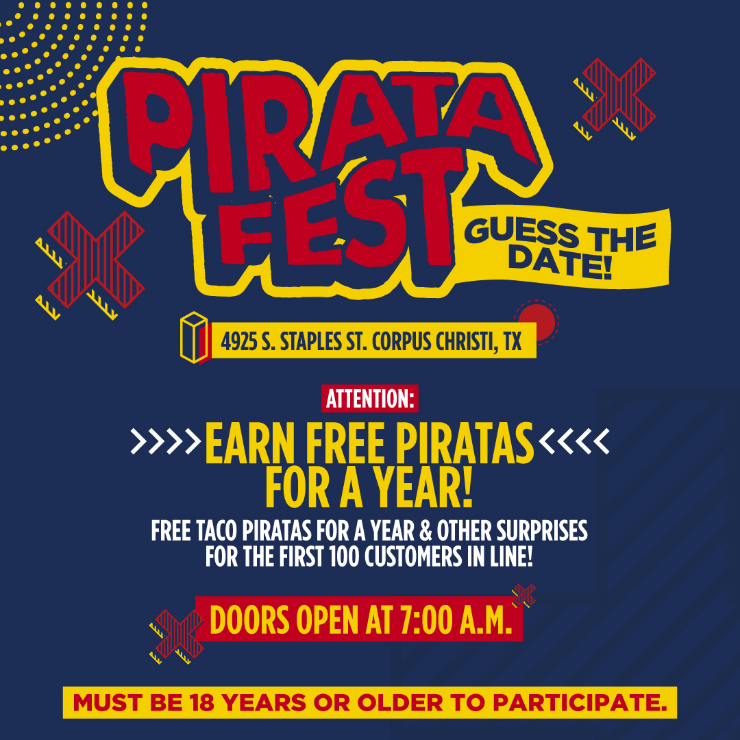 tacopalenque's tweet photo. TACO P FANS IN CCTX, PIRATA FEST IS COMING TO YOU! YOU have the chance to win FREE PIRATA TACOS FOR A YEAR! 🥳
Reply with when you think Pirata Fest will happen at the NEW LA PALMERA LOCATION, the first one to guess correctly will win!
(Winner must reside in Corpus Christi, TX) https://t.co/3lajVYJsjl