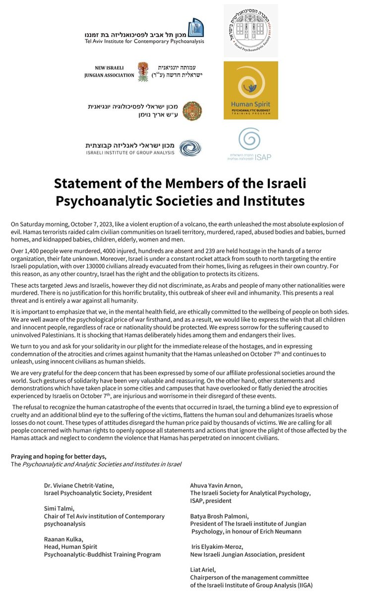 The Israeli psychoanalytic community invites you to support the continuation of the genocidal bombardment for 'the wellbeing of people on both sides.'