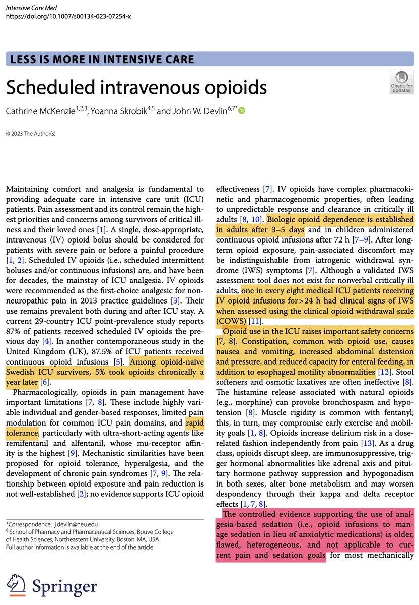 PulmCrit's tweet image. in med school I was taught that scheduling opioids was clever, to "get ahead" of the pain

but... continuous opioid exposure *rapidly* causes tolerance &amp;amp; dependence (in as little as 3 days)

a PRN bolus strategy may allow opioids to maintain efficacy for longer (less = more)