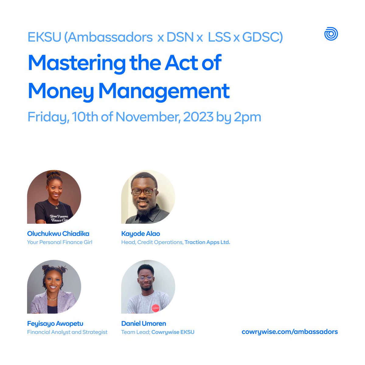 gdg_Eksu's tweet image. We are thrilled to publicize a remarkable partnership as four vibrant communities within Ekiti State University unite with Cowrywise. 

Event Theme: Mastering the art of money management.

Register here 👇👇
bit.ly/Cowrywiseeksue…

#gdgssa #learnwithgdsceksu #FinancialEducation