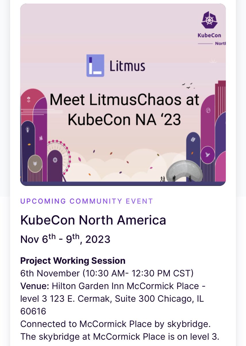 If you attending the project working sessions at KubeCon NA ‘23 in Chicago then join the @LitmusChaos project working session starting at 10:30 AM Central Time! There’s @SchillyVanilly who’ll be sharing some quick updates and we ll join in virtually as a community!