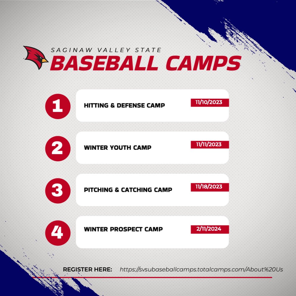 SVSU Baseball (@svsubaseball) on Twitter photo 🚨🚨Reminder🚨🚨multiple camp options available in the next 2 weeks. These camps are set up to provide a practice type setting and more individualized instruction. Get in front of our staff, work with our players & get a feel for the SVSU Baseball culture! svsubaseballcamps.totalcamps.com/shop/EVENT 🚨🚨Reminder🚨🚨multiple camp options available in the next 2 weeks. These camps are set up to provide a practice type setting and more individualized instruction. Get in front of our staff, work with our players & get a feel for the SVSU Baseball culture! svsubaseballcamps.totalcamps.com/shop/EVENT