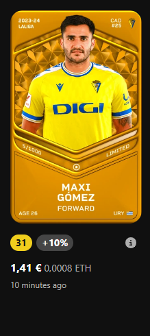 RareGoldPlayer's tweet photo. El precio del instant buy va variando.... 

ejemplo de @EsgamerSor  con Maxi Gomez comprado hace 10 minutos  1.41

Sorare vuelve a mintear otro y suben precio a 1.79 

#RIPBOTS https://t.co/rxmpccudc4