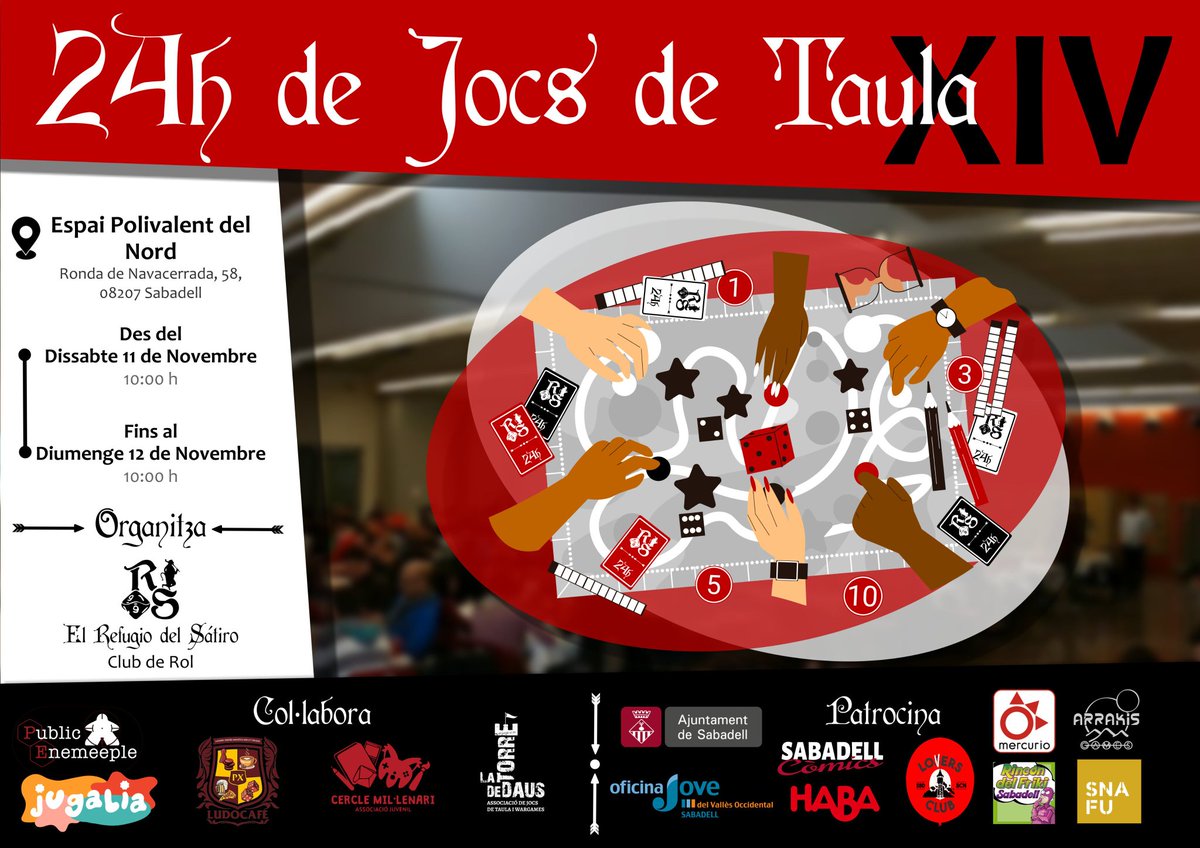 ➡️ 24 Horas

Este fin de semana os esperamos en las "24h de Jocs de Taula" organizada por <a href="/RefugioSatiro/">Refugio del Satiro</a>.

<a href="/elMitodelCaos/">elmitodelcaos</a> <a href="/snafustore/">SnafuStore</a> <a href="/laFogueraSbd/">La F🔥guera</a> <a href="/DenumCarcosaPod/">Denumbrosa Carcosa Podcast</a> <a href="/GuarAmonCat/">La Guarnición de AmônCat</a> <a href="/cerclemilenari/">Associació Cercle Mil·lenari</a>
<a href="/MonOtaku_SBD/">Món Otaku Sabadell</a>

#jocsdetaula #24DJocs #Sabadell #RefugioDeElSatiro #LaTorreDeDaus