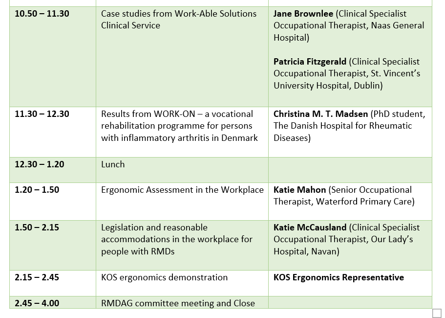 AOTI Rheumatic & Musculoskeletal Disorders AG (@aotirmdag) on Twitter photo RMDAG Vocational Rehabilitation Study Day
November 27th - Tallaght University Hospital
We are delighted to share the schedule for our upcoming 'in-person' study day
Apply here 👇 Free to <a href="/AOTInews/">Association of Occupational Therapists of Ireland</a> members
aoti.ie/events/Rheumat… RMDAG Vocational Rehabilitation Study Day
November 27th - Tallaght University Hospital
We are delighted to share the schedule for our upcoming 'in-person' study day
Apply here 👇 Free to <a href="/AOTInews/">Association of Occupational Therapists of Ireland</a> members
aoti.ie/events/Rheumat…
