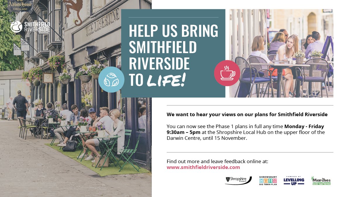 Get involved and share your views on the future of Shrewsbury!
Newest proposals for the regeneration of Smithfield Riverside include a new park and leisure development.
Read more about the plans, and have your say before 15 Nov at smithfieldriverside.com
<a href="/ShropCouncil/">Shropshire Council</a>