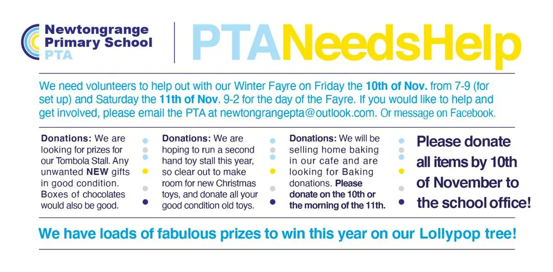 The PTA needs your help! We are looking for volunteers to help with our Winter Fayre on the 11th of November and donations for our Tombola stall 🎫 🎁 🍾, second hand toy stall 🎲 🤖 🧩 and baking for the cafe 🍰🍪🧁. Please leave any donations in the box at the school this week.
