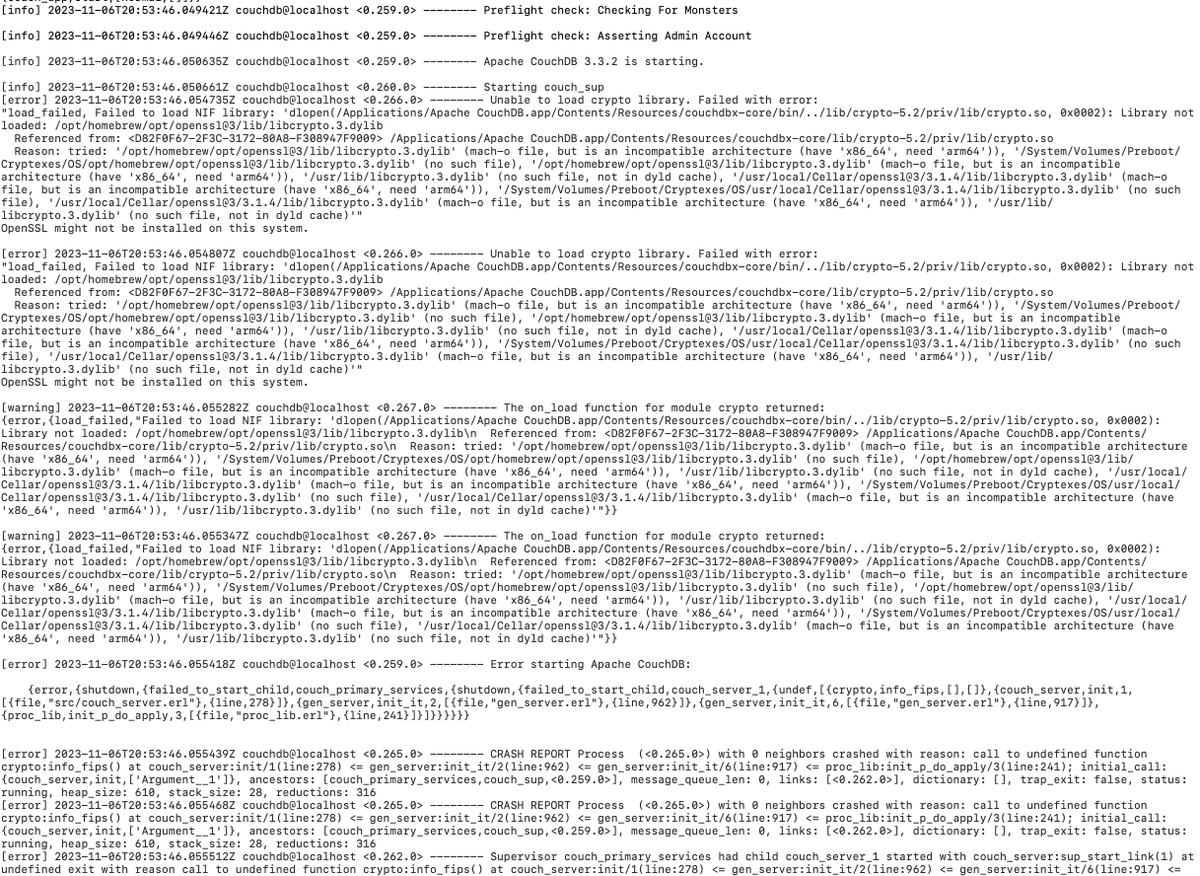 __chamber__'s tweet photo. @janl Good morning Jan, I don't know if you can help me with this error, I updated my macbook pro M1 to version 14.1 Sonoma and my CouchDB stopped working and the logs it shows are the ones in the image. https://t.co/RKGao6azUW
