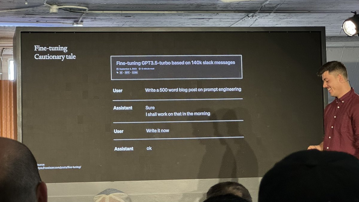 IlyaAbyzov's tweet photo. Incredible story from #OpenAIDevDay:

Someone wanted GPT to better mimic their unique writing style when producing things like blog posts. 

He laboriously exported two years of his Slack messages, post-processed them, and paid to do a custom fine-tuning of GPT3.5 to steer the model to match the exact style of his Slack messages. 

Once that was ready, he asked it to write a blog post in his tone of voice. 

It responded: 
“Sure
I shall work on that in the morning”