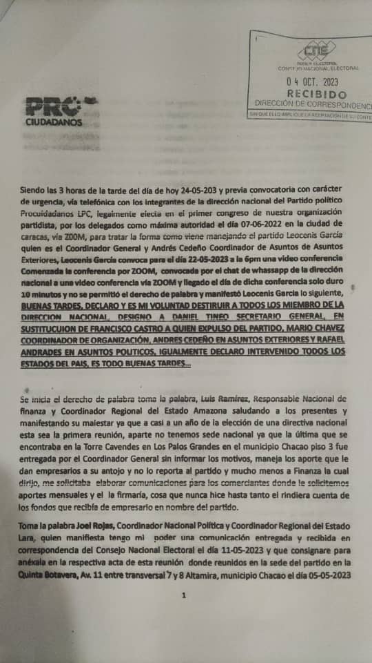 tovar_yarnaldo's tweet photo. #AHORA | La crisis interna en #Prociudadanos se mantiene latente. Así me lo ha confirmado un integrante de la DN hace minutos. Me hizo llegar un acta donde los secretarios en los estados aprueban la #expulsion de Leocenis García el día 24/05/23 y designan a una nueva (Hilo+) https://t.co/hXz0rwP0hn