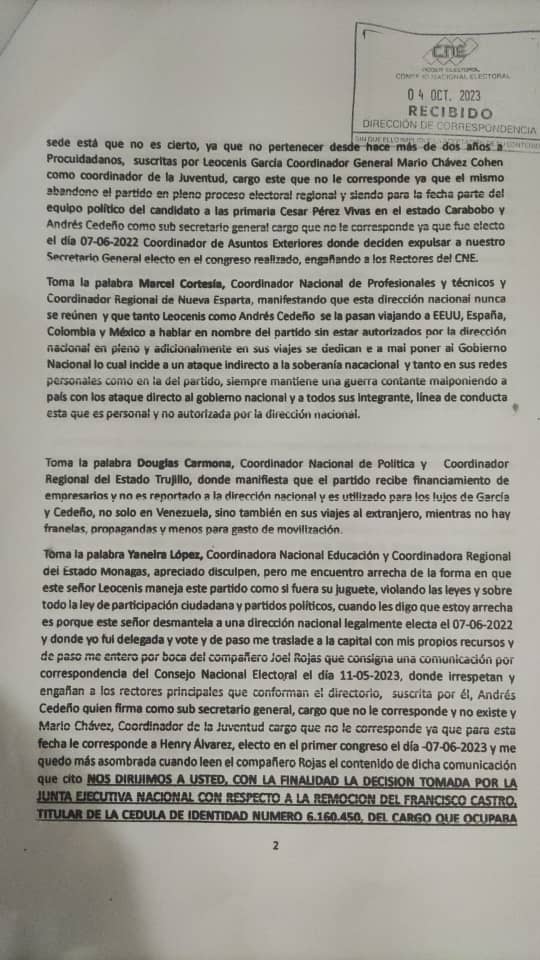 tovar_yarnaldo's tweet photo. #AHORA | La crisis interna en #Prociudadanos se mantiene latente. Así me lo ha confirmado un integrante de la DN hace minutos. Me hizo llegar un acta donde los secretarios en los estados aprueban la #expulsion de Leocenis García el día 24/05/23 y designan a una nueva (Hilo+) https://t.co/hXz0rwP0hn