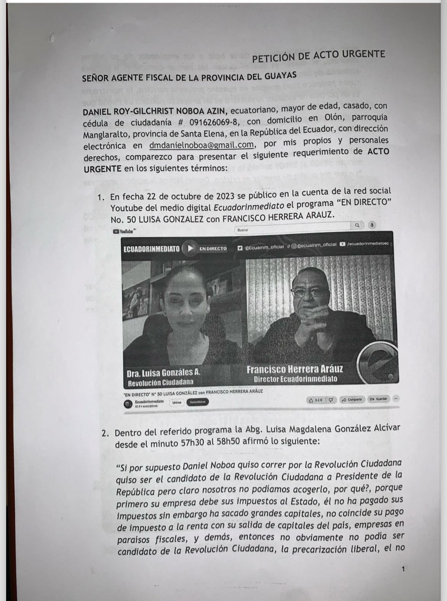#Urgente ¡LUISA GONZÁLEZ DEBERÁ PROBAR LAS ACUSACIONES EN CONTRA DE DANIEL NOBOA ANTE FISCALÍA!

El presidente Daniel Noboa solicitó una acción urgente a Fiscalía para que se realice una pericia informática sobre declaraciones de Luisa Gonzalez sobre lo que afirmó en una