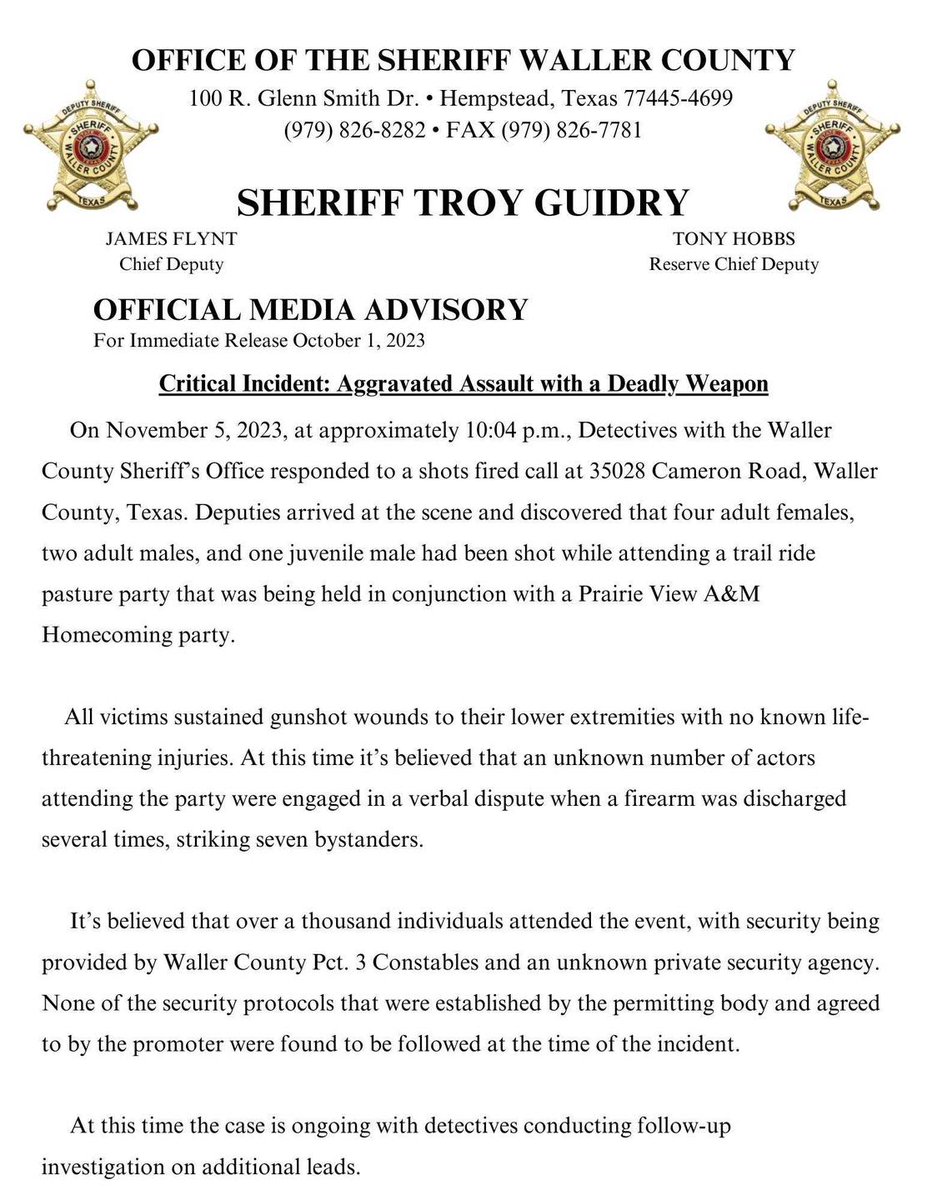 🔴2 p.m. update --- We've had statements shared today from Waller County Sheriff and Prairie View A&M University Re: Mass shooting at a pasture party Sunday night near Waller, TX Statements below ⬇️