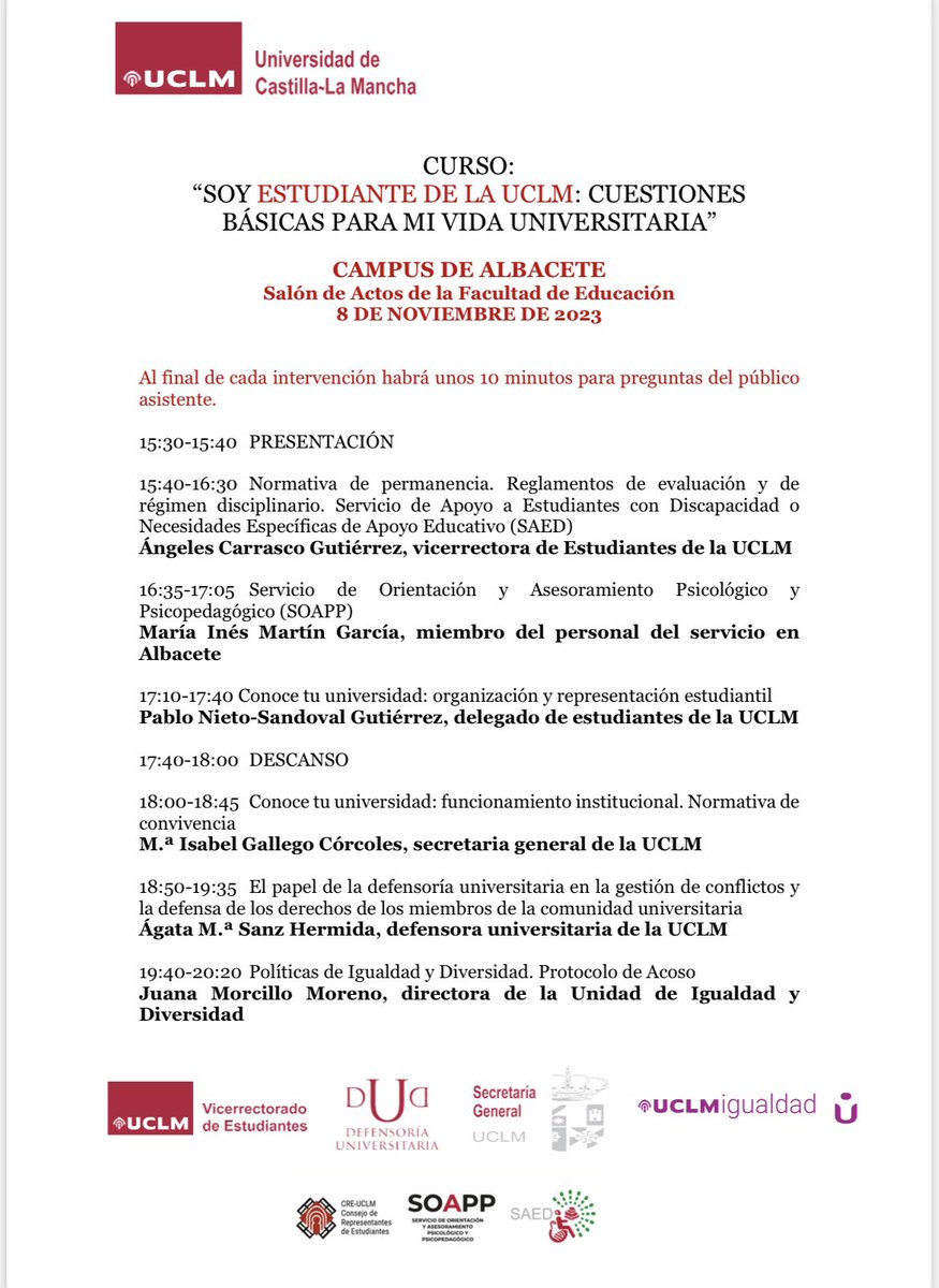 VEstudianteUCLM's tweet photo. 8 de noviembre MIÉRCOLES en @CampusAlbacete tenemos una cita ➡️ hablaremos de cuestiones + relevantes para facilitar tu vida académica y universitaria ¡VEN! Participa @VEstudianteUCLM @SAED_UCLM, #Soapp, @estuclm_ con Delegado General, @GeneralUclm, #DefensoraUCLM, @Igualdad_UCLM https://t.co/lKUcgEpDZH