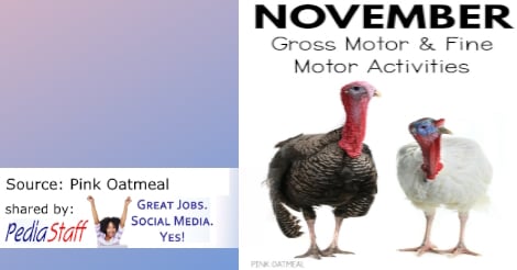 Pink Oatmeal is one of our favorite Motor Activities Blogs!   Please enjoy their November Gross Motor and Fine Motor Activity Planning 
 ow.ly/RZJ950Q46HR