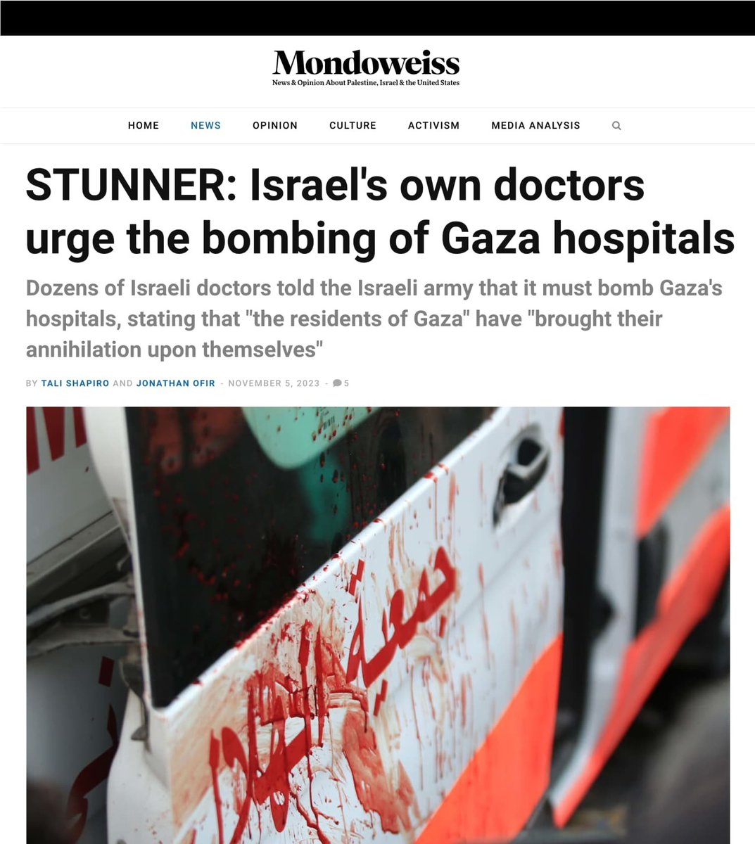 SDonziger's tweet photo. BREAKING: Roughly 100 Israeli doctors are urging the IDF to bomb each and every hospital in Gaza – a war crime and total violation of the Hippocratic oath. The letter clearly is a criminal incitement to genocide. 

Sickening.⤵️ https://t.co/iEKR8Tcy23