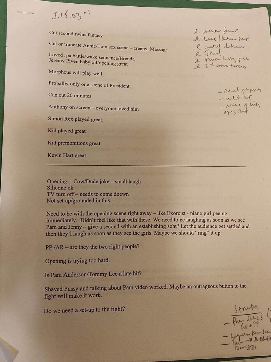 SpoofMasters's tweet photo. Production/feedback notes for Scary Movie 3, 5.15.03. From Robert Weiss archives. ©nohotrader #scarymovie #ScaryMovie3 #2003 #davidzucker #patproft #craigmazin #productionnotes #notes #comedy #spoof #annafaris #simonrex #charliesheen #deniserichards https://t.co/9SrHFIDSkq