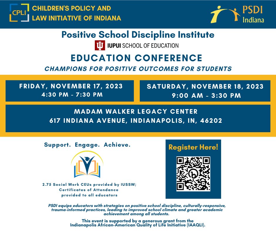 CPLIofIndiana's tweet photo. Join CPLI on November 17th and 18th for a unique learning experience open to all educators, future educators, counselors, social workers, nurses, psychologists and others impacting K-12 students. To learn more and register, click this link: https://t.co/XibUvljO3B https://t.co/LjDN7Z9rAX