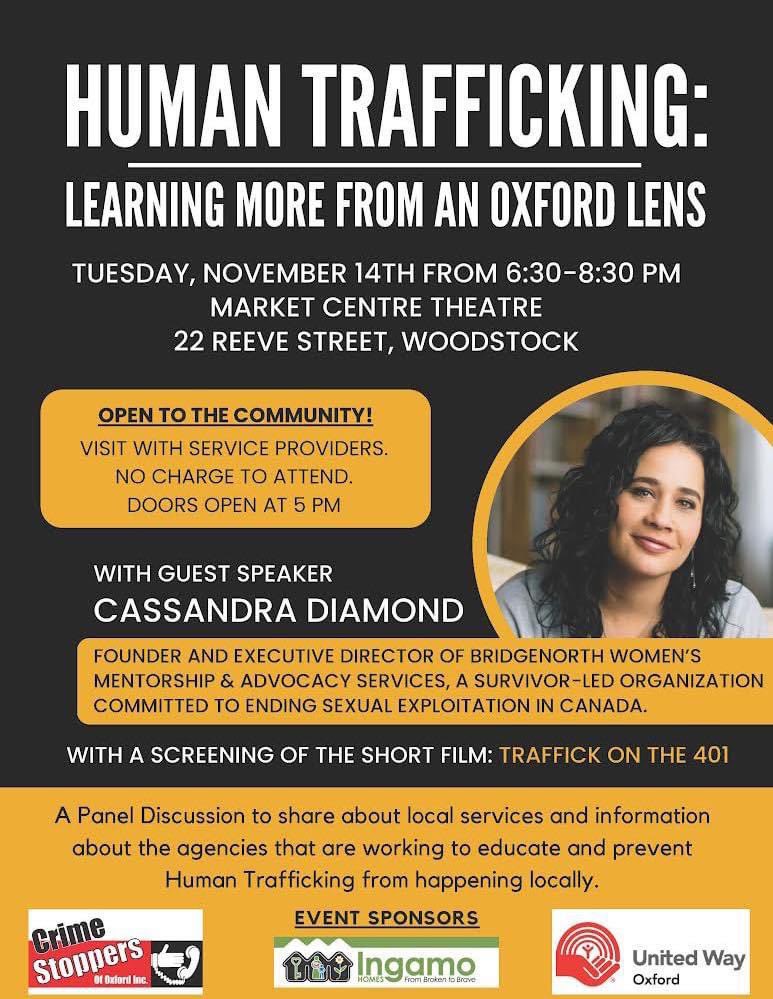 ‼️Reminder- One week to go‼️

Join us for an eye-opening event: "Human Trafficking: Learning More from an Oxford Lens"! 🤝

📅 Date: November 14
⏰ Time: 6:30-8:30 PM
📍 Place : Market Centre Theatre- 22 Reeve Street, Woodstock.