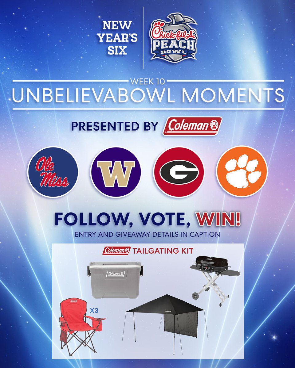 Help us choose the most UnbelievaBowl Moment of Week 10 for a chance to win a <a href="/ColemanUSA/">Coleman USA</a> Tailgating Kit! Watch the highlights in the thread below 🔥

To enter:
1️⃣ Follow <a href="/CFAPeachBowl/">Chick-fil-A Peach Bowl</a>
2️⃣ Repost
3️⃣ Reply with your vote for the most UnbelievaBowl Moment of the weekend