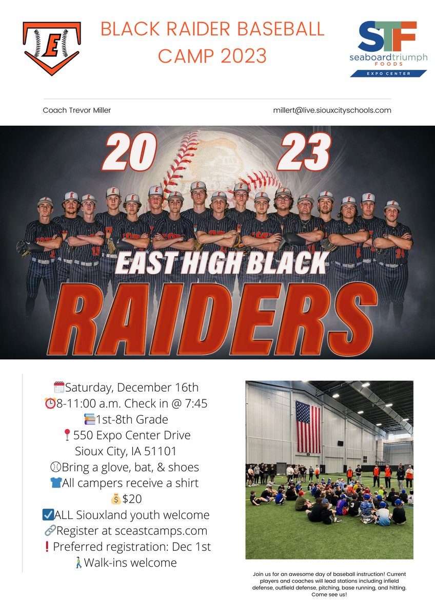🟠⚫️Saturday, December 16th⚫️🟠
Mark your calendars for the 2023 Black Raider Baseball Camp! Open to ALL Siouxland youth in grades 1-8! The signup is now live at sceastcamps.com ⚾️