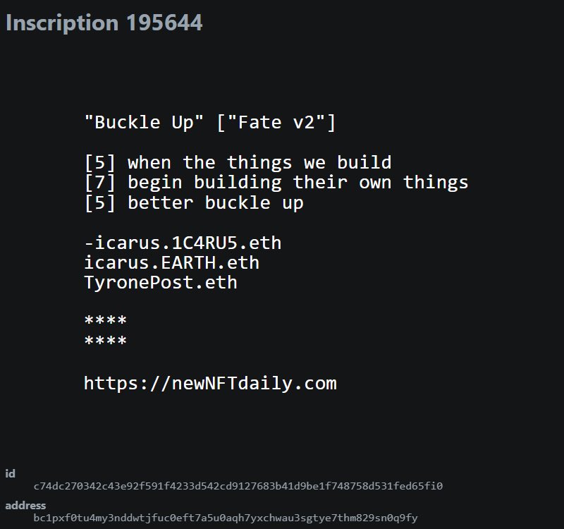 boredape6716's tweet photo. @AdrianDittmann [5]  when the things we build
[7]  begin building their own things
[5]  better buckle up

#TheFirstMillion Ordinals
#Bitcoin Inscriptions https://t.co/F8PR9QFZnp