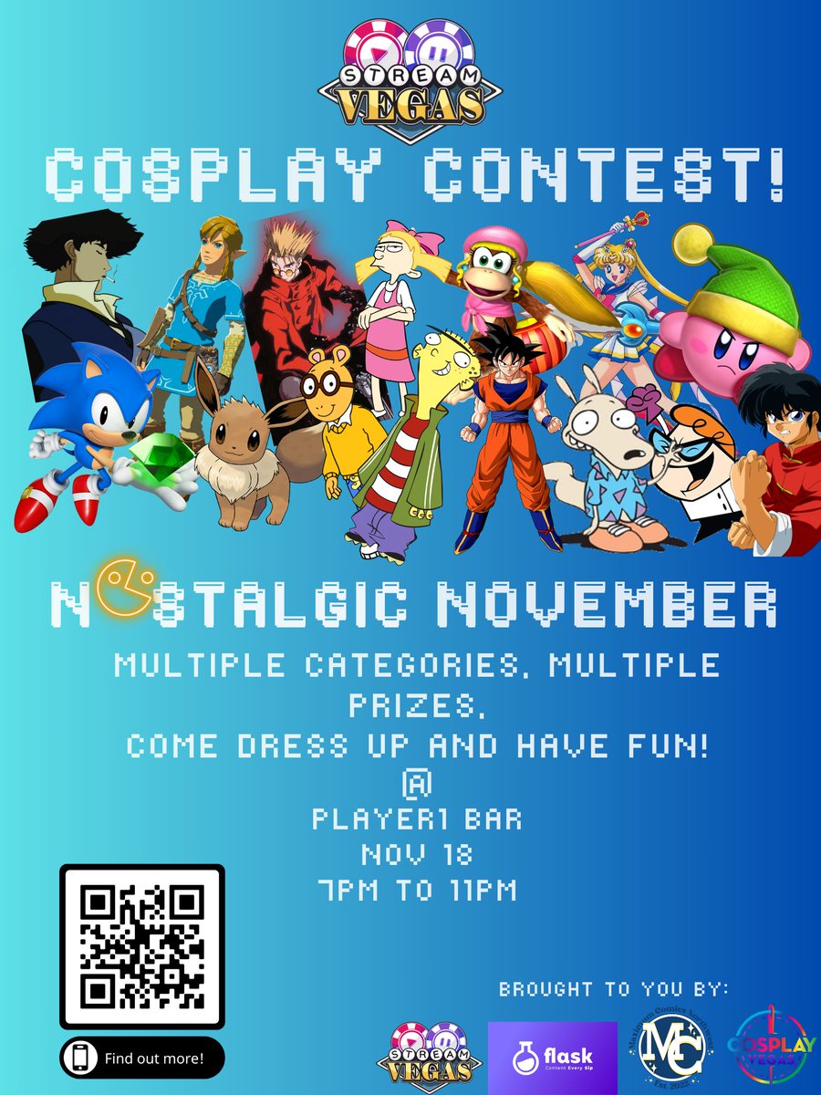 Dust off those retro costumes and win some prizes!! <a href="/GamerVsTailor/">GamerVsTailor</a> and Cosplay Vegas are coming out to help us make this happen! There will be food and drinks and fun times!

Visit the website for more details!

streamvegas.tv/pages/cosplay-…