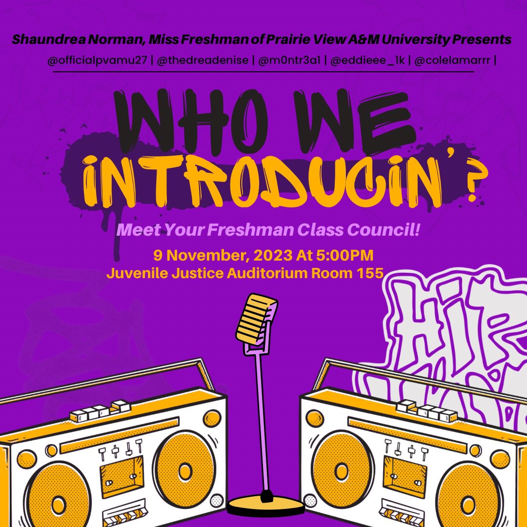 theedreadenise's tweet image. panthers, pop out to my 1st event! come meet the freshman class council on thursday, november 9th @5pm in the JJ! see y’all there 💜👑! #pvamu #pvamu27 #pv27