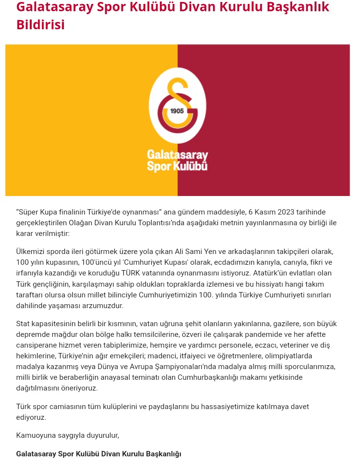 forzacimbom's tweet photo. Galatasaray SK Divan Kurulu Başkanlığı: "100 yılın kupasının, 100'üncü yıl 'Cumhuriyet Kupası' olarak, ecdadımızın kanıyla, canıyla, fikri ve irfanıyla kazandığı ve koruduğu TÜRK vatanında oynanmasını istiyoruz." https://t.co/jK7E78PPjj