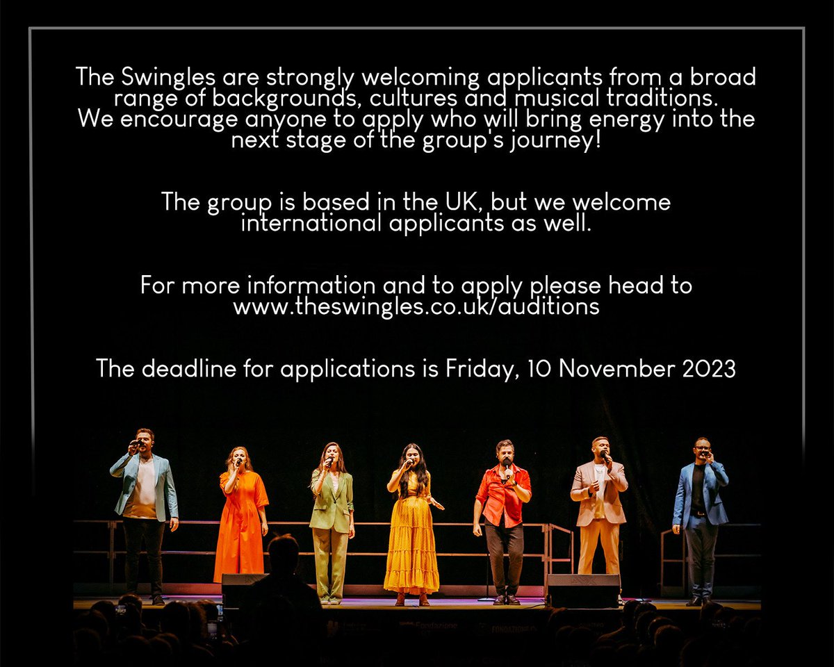 swinglesingers's tweet photo. SOPRANOS AND TENORS! Get those applications in 👀 #wewanttohearfromyou #openauditions #soprano #tenor #auditions #swinglesathome #swinglesontour https://t.co/U0j13gZLII