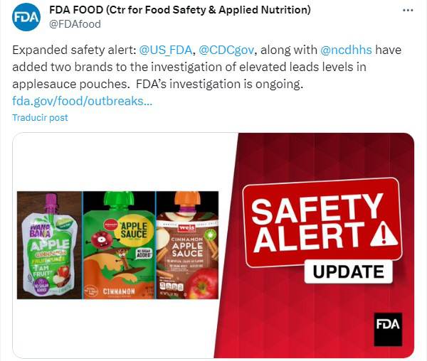 eluniversocom's tweet photo. #Internacional | FDA abrió investigación por niveles elevados de plomo en tres marcas de bolsas de puré de manzana https://t.co/QANww2Wutt https://t.co/lu1HyB7WOB