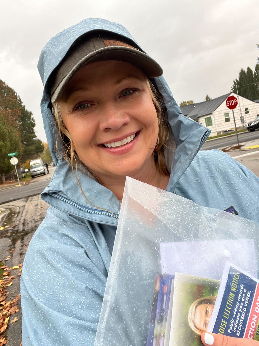 Meredith4Boise's tweet photo. I'm out here rain or shine, knocking our neighbors to make sure they Get Out to Vote! ☔️

One more day to go. Polls are open tomorrow, Tuesday, November 7 from 8am-8pm. Make your voting plan today! https://t.co/o3cl7aZlLC