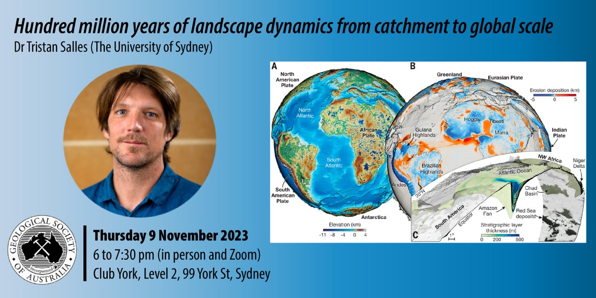 Join the <a href="/gsansw/">GSANSW</a> meeting at 6 pm (Sydney time) this Thursday (9 Nov) to hear Dr Tristan Salles @salles_tristan present his recent Science paper on high-resolution global landscape evolution modelling. In person (Club York, L2) and Zoom (register:uni-sydney.zoom.us/j/87505556948). #geology