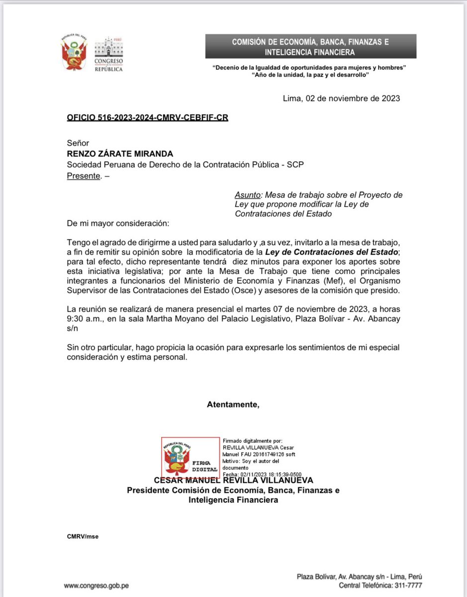 renzozarate's tweet photo. Estimados amigos, comparto con ustedes la invitación de la Comisión de Economía, Banca, Finanzas e Inteligencia Financiera del @congresoperu para debatir sobre el Proyecto de Ley de Contrataciones del Estado. https://t.co/hrMeyIaQ0P