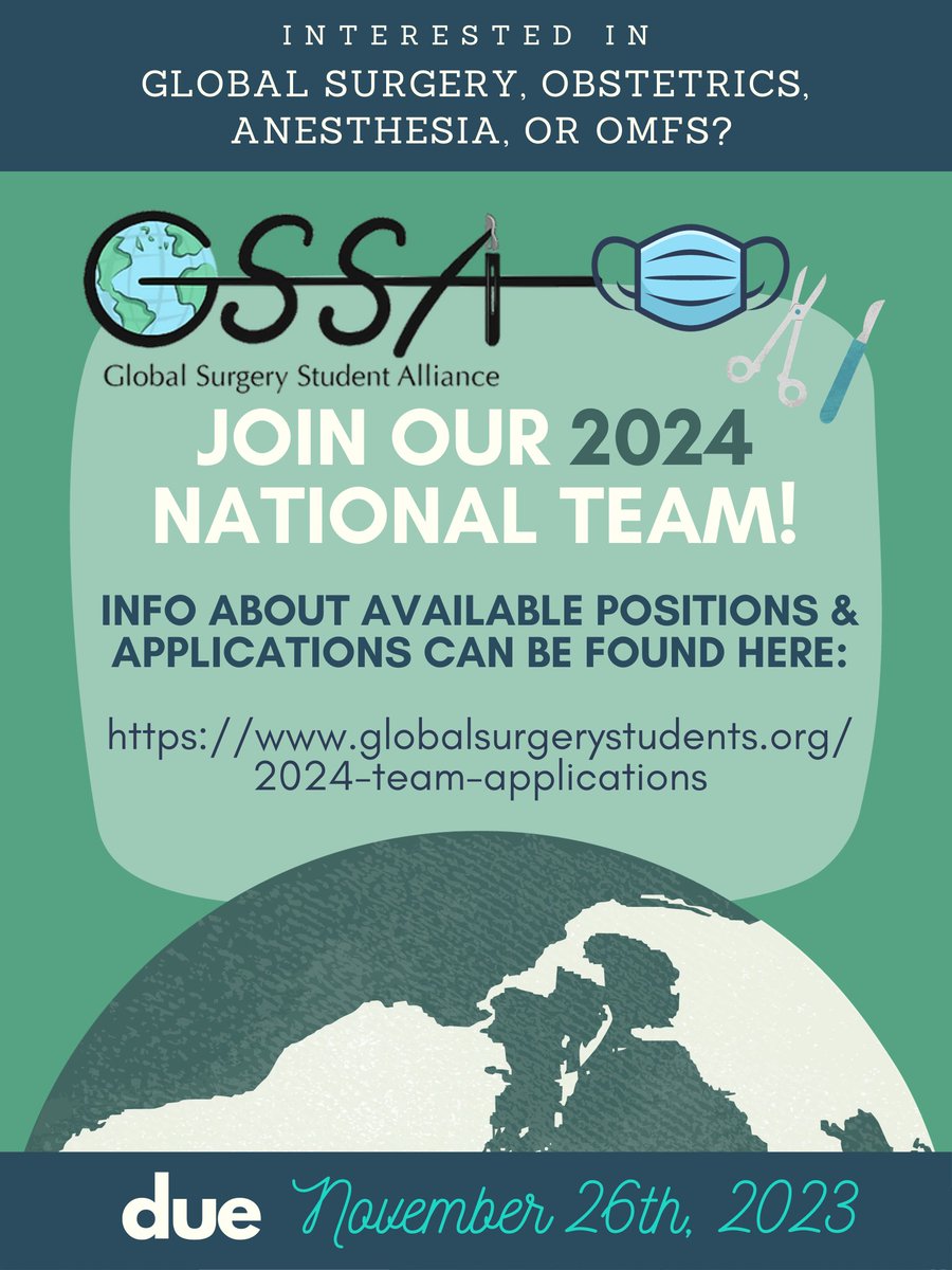 gsurgstudents's tweet photo. Applications for the GSSA 2024 National Team are now live! 

Read more about the positions and apply on our website: https://t.co/ZpSdgaavq7

#gssa #globalsurgery #globalobstetrics #globalanesthesia #globalomfs #globalhealth #MedTwitter https://t.co/5tm7IUGfbd