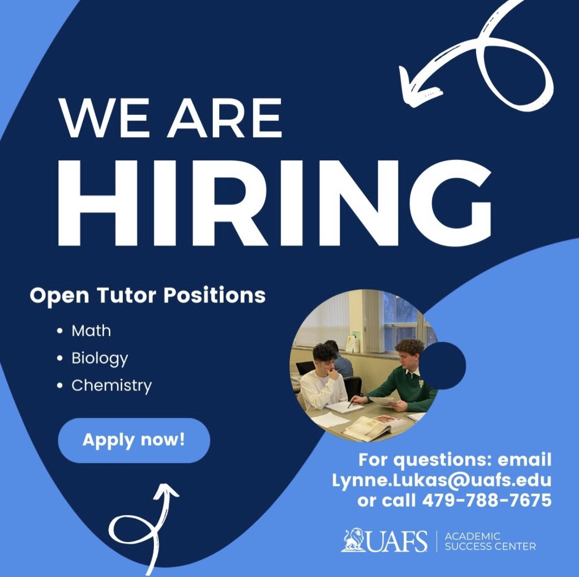 UAFS_ASC's tweet photo. We’re hiring 3 new tutors for the Spring 2024 semester! Apply at the link below!

https://t.co/ltrbNm9Bwu https://t.co/n2bZPOMZPC
