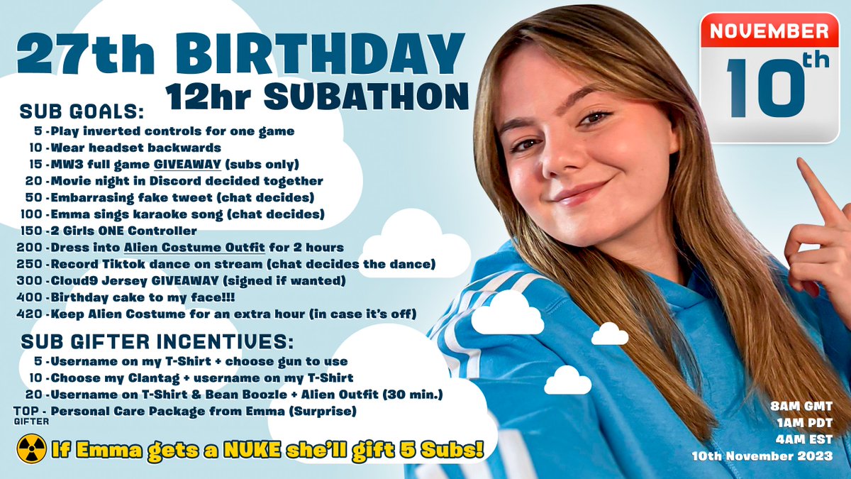 on 10th November will be doing a 12HR Capped Subathon for my 27th Birthday on #MW3 release✅

📺8AM GMT on Twitch.tv/Emzy 

Hope to see you guys all there!