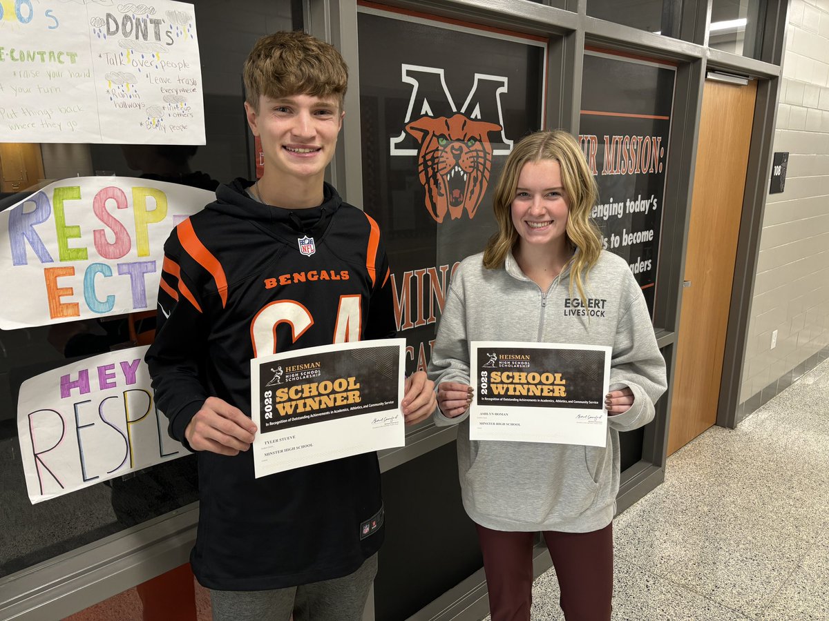 MinsterSchools's tweet photo. Congratulations to seniors Tyler Stueve and Ashlyn Homan!  Tyler and Ashlyn were named as our school winners by the High School Heisman organization. https://t.co/HE3tRZmJ1i