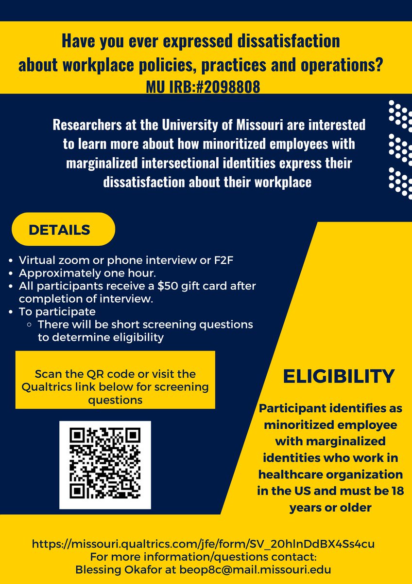 I'm recruiting participants for my #dissertation to learn about how minoritized employees with marginalized identities in healthcare organizations express their dissatisfaction about the workplace.Participants will be compensated $50 Amazon gift card. Consider participating.